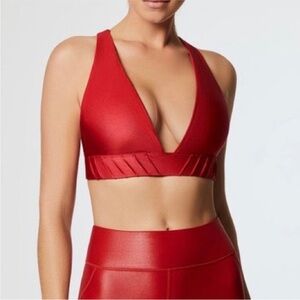 Carbon38 shimmer metallic red strappy plunge sport bra workout Size S